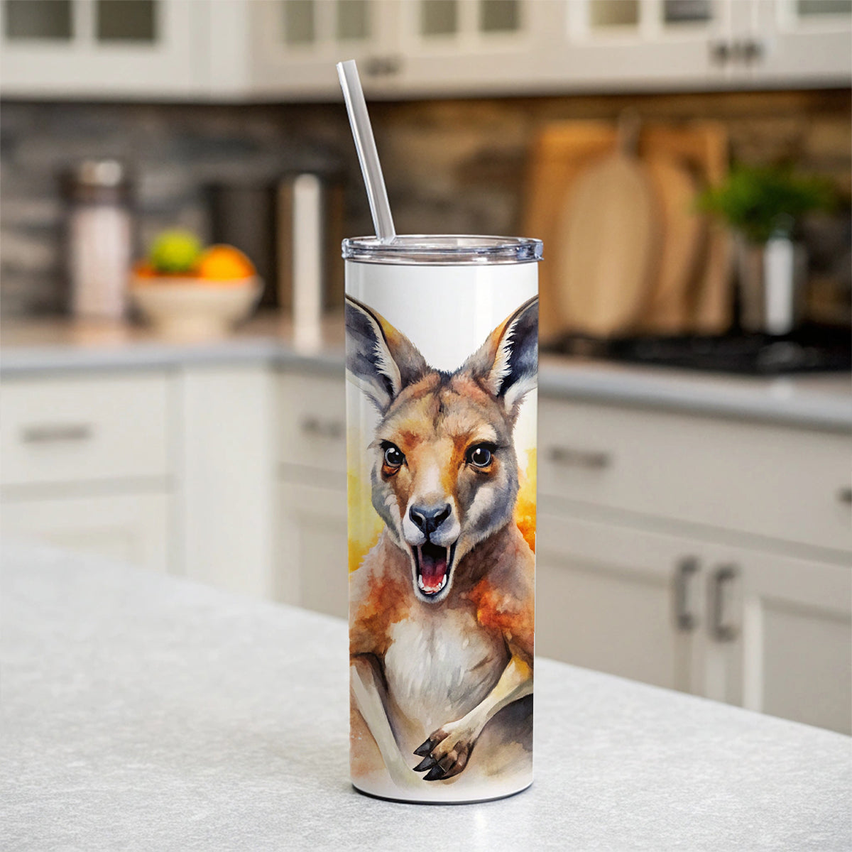 Angry Kangaroo Watercolor Skinny Tumbler 20oz with Straw Insulated Water Bottle Gift