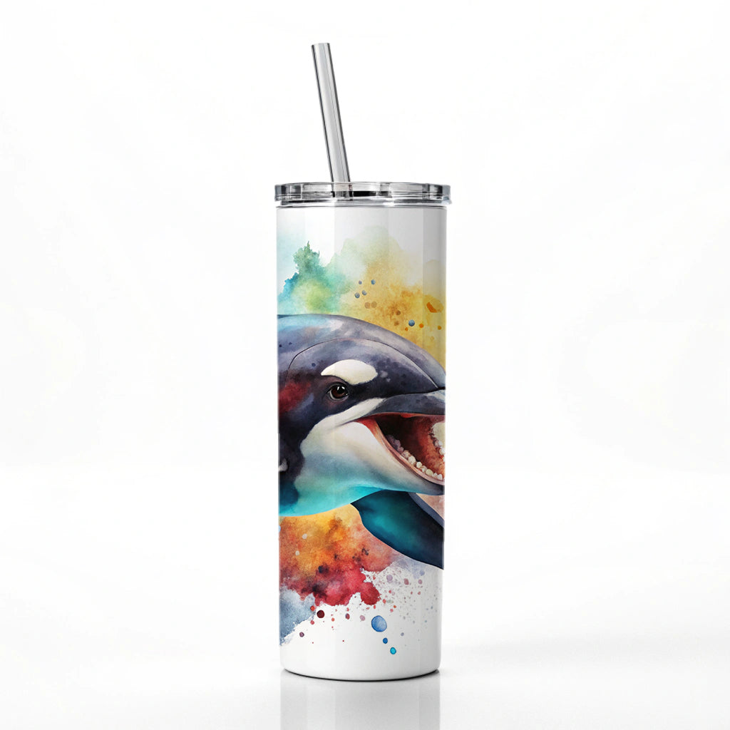 Angry Orca Killer Whale Watercolor Skinny Tumbler 20oz with Straw Insulated Water Bottle Gift