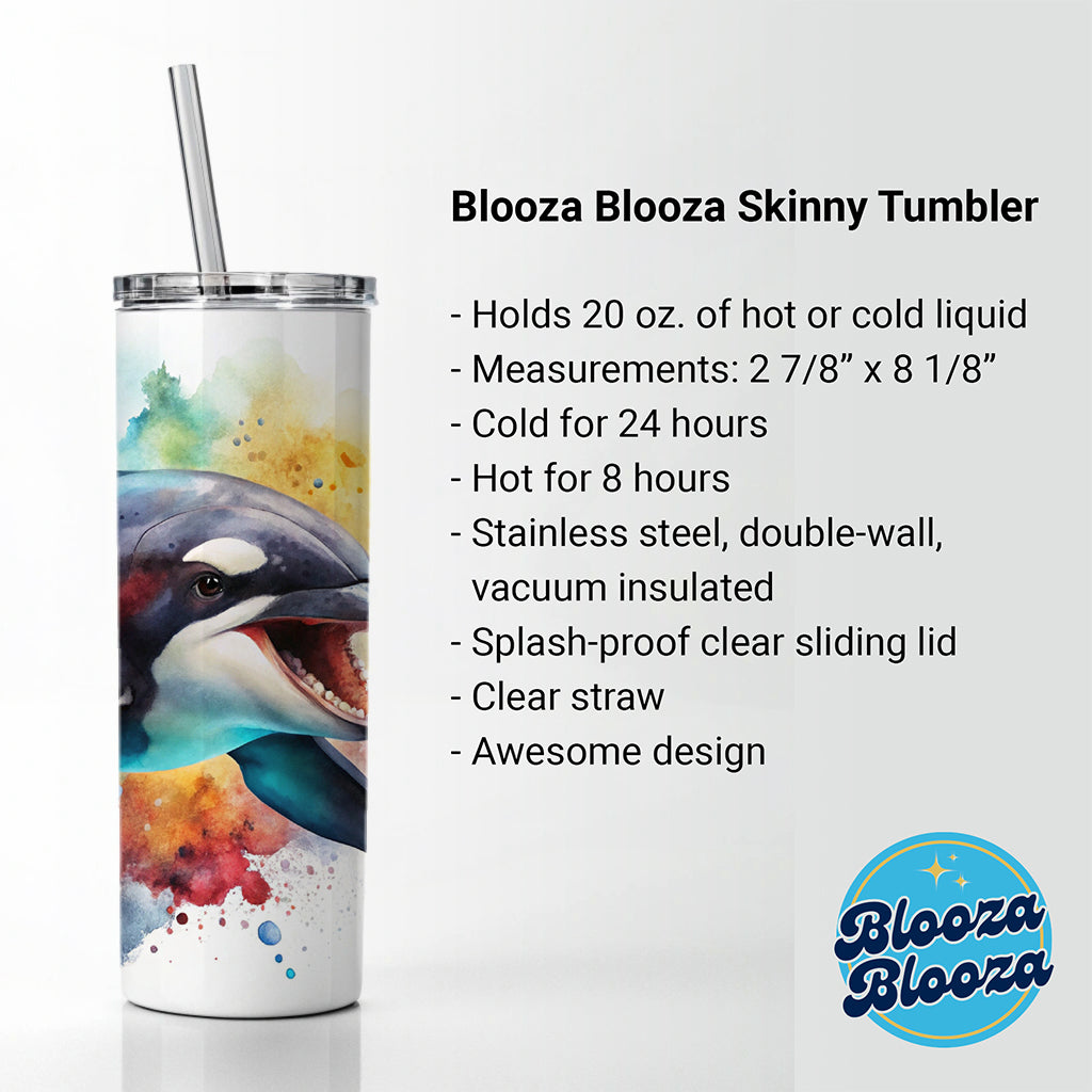 Angry Orca Killer Whale Watercolor Skinny Tumbler 20oz with Straw Insulated Water Bottle Gift