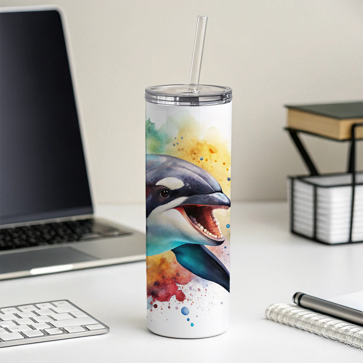 Angry Orca Killer Whale Watercolor Skinny Tumbler 20oz with Straw Insulated Water Bottle Gift