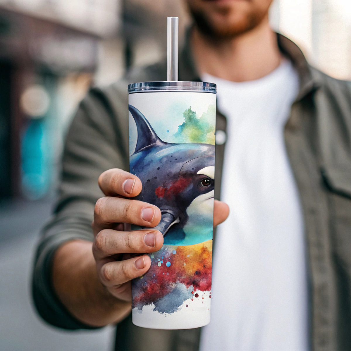 Angry Orca Killer Whale Watercolor Skinny Tumbler 20oz with Straw Insulated Water Bottle Gift