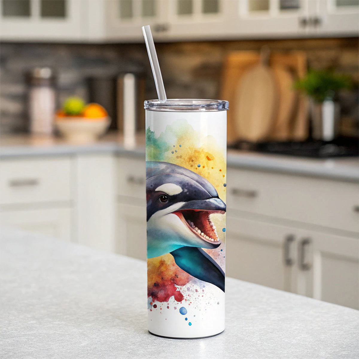 Angry Orca Killer Whale Watercolor Skinny Tumbler 20oz with Straw Insulated Water Bottle Gift