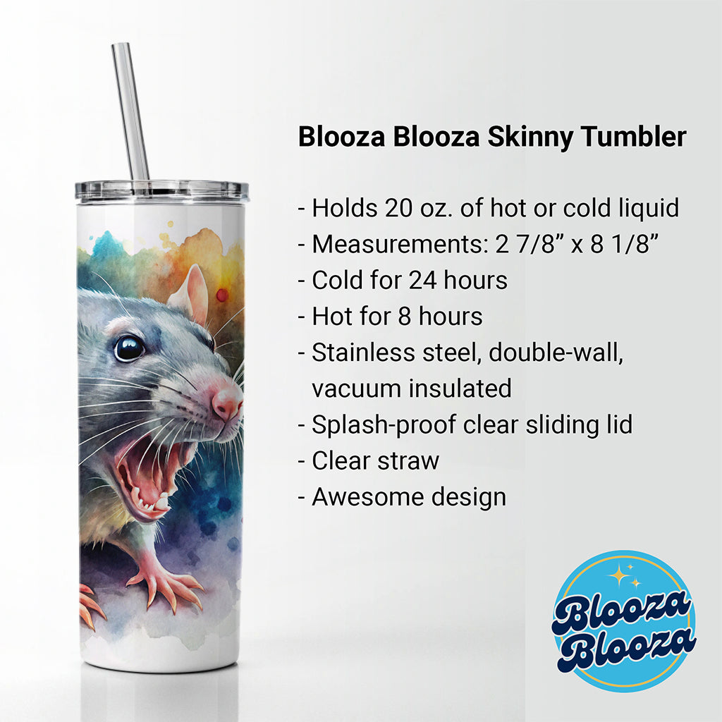 Angry Rat Watercolor Skinny Tumbler 20oz with Straw Insulated Water Bottle Gift