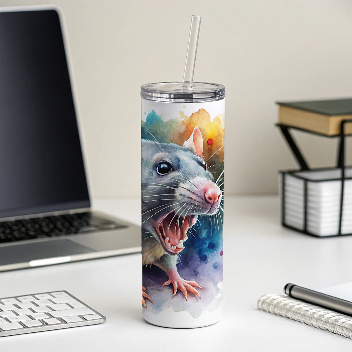 Angry Rat Watercolor Skinny Tumbler 20oz with Straw Insulated Water Bottle Gift