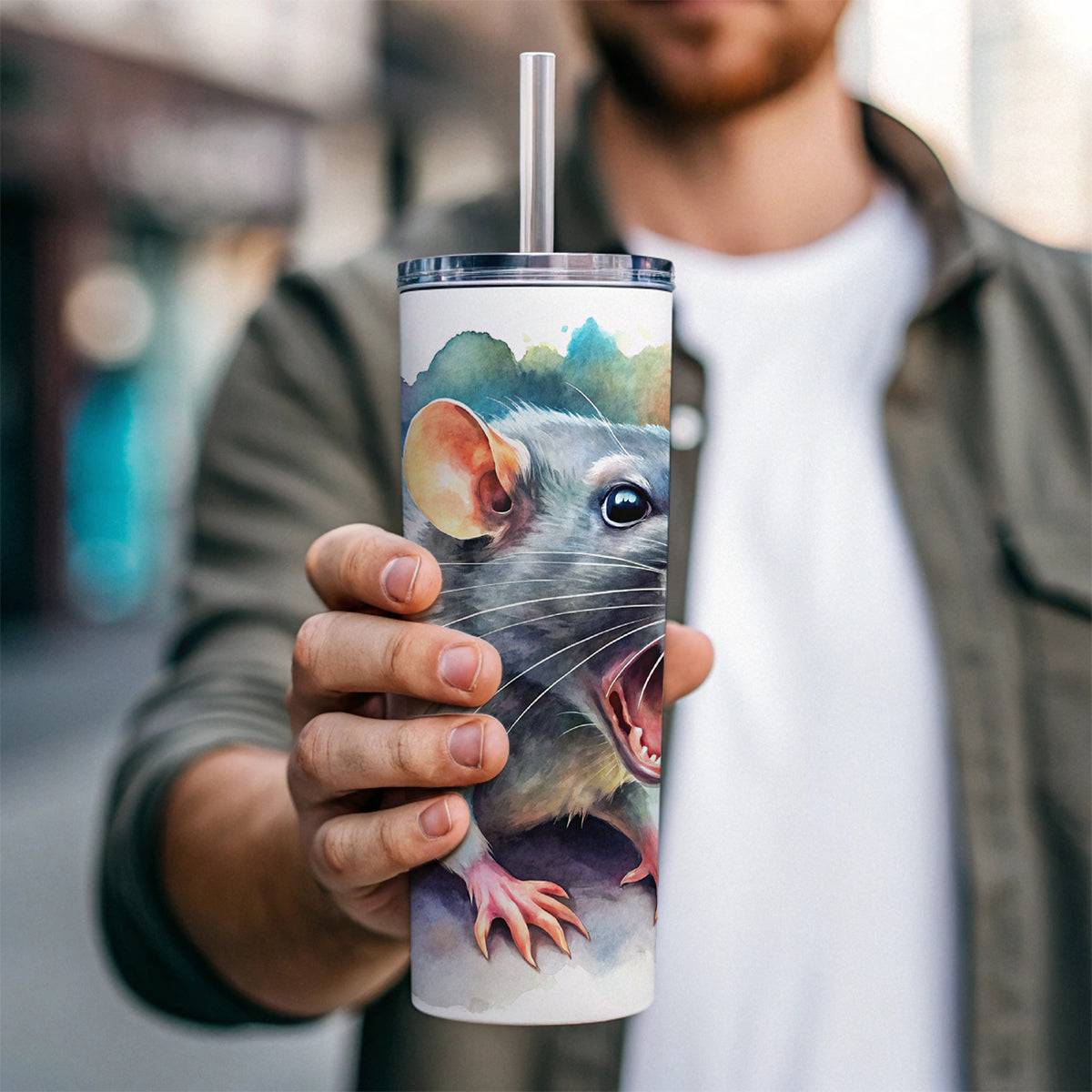 Angry Rat Watercolor Skinny Tumbler 20oz with Straw Insulated Water Bottle Gift