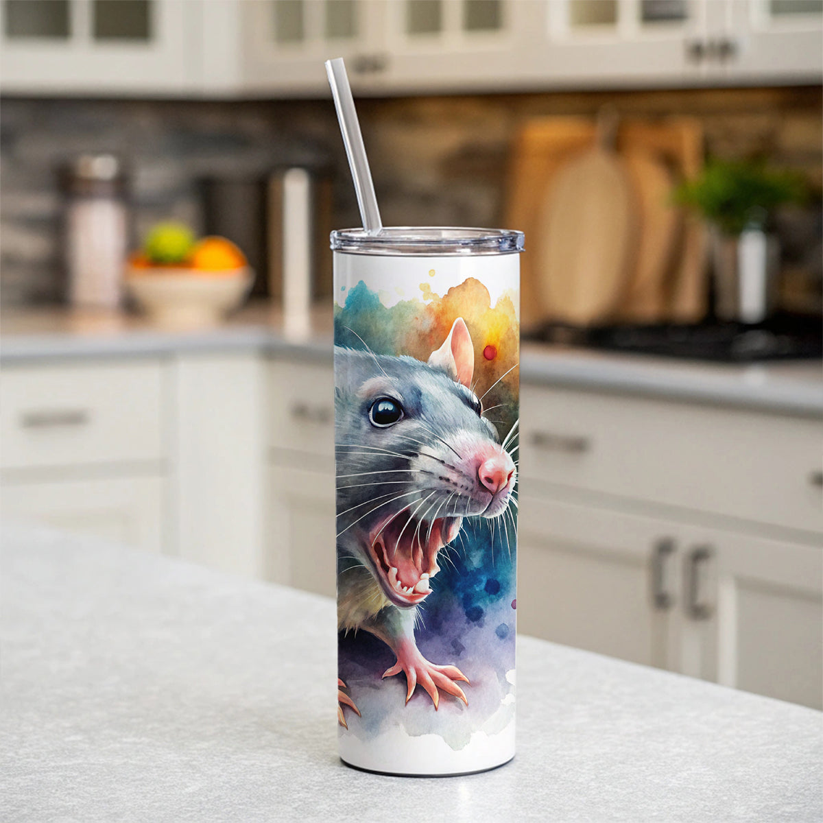 Angry Rat Watercolor Skinny Tumbler 20oz with Straw Insulated Water Bottle Gift