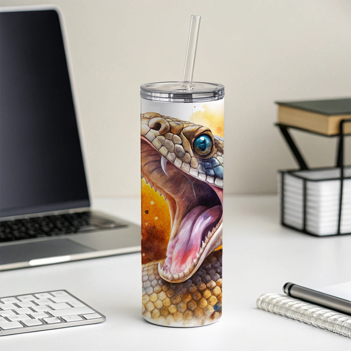 Angry Rattlesnake Snake Reptile Watercolor Skinny Tumbler 20oz with Straw Insulated Water Bottle Gift