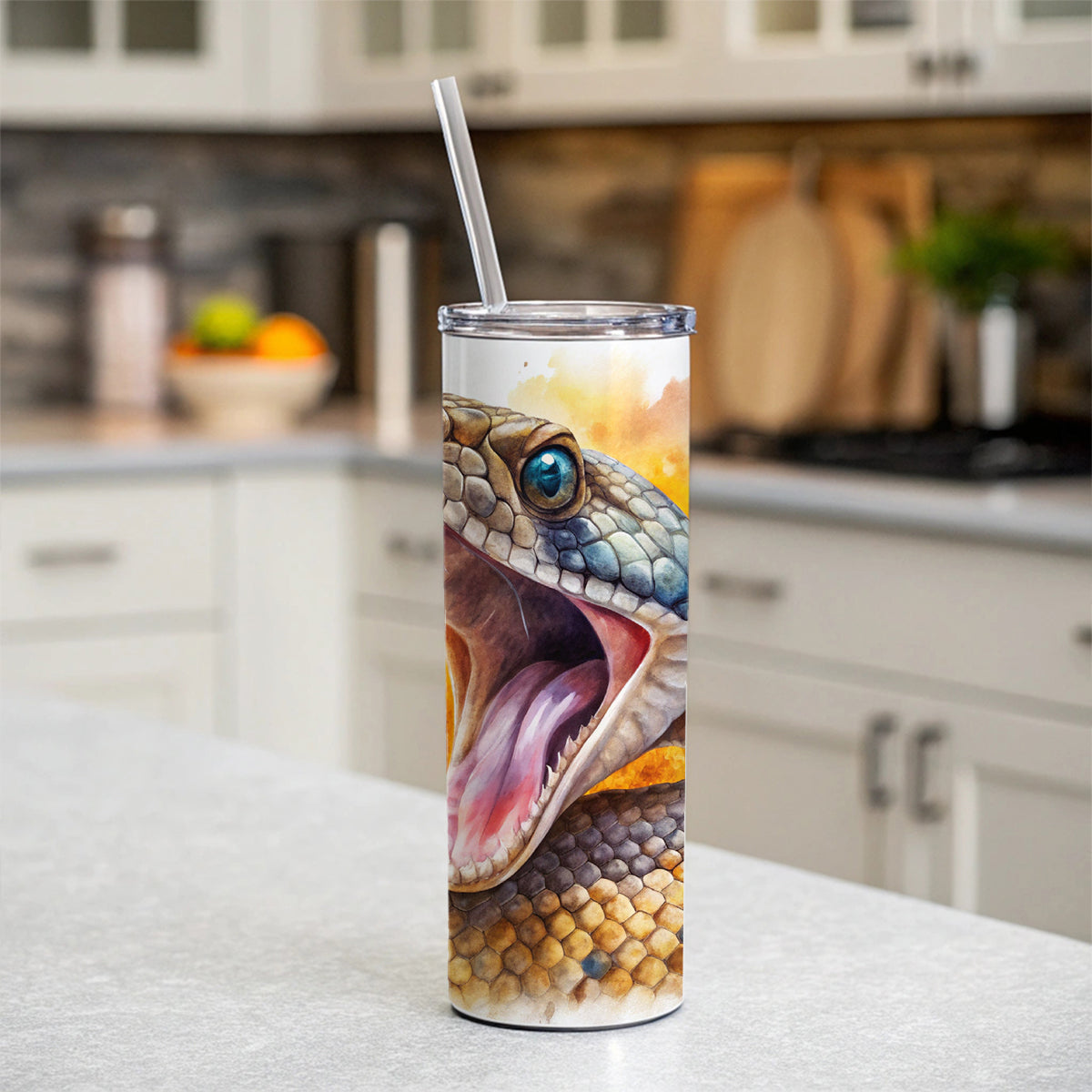 Angry Rattlesnake Snake Reptile Watercolor Skinny Tumbler 20oz with Straw Insulated Water Bottle Gift