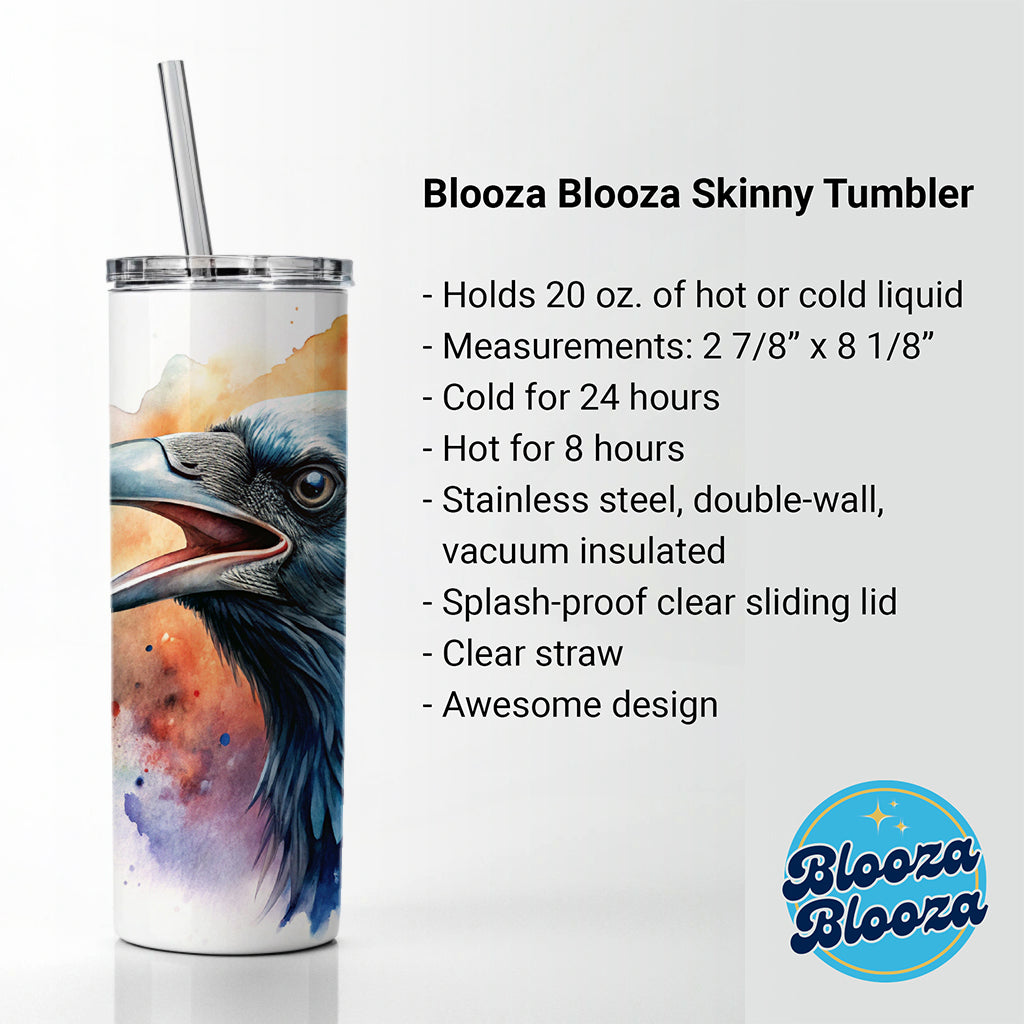 Angry Raven Watercolor Skinny Tumbler 20oz with Straw Insulated Water Bottle Gift