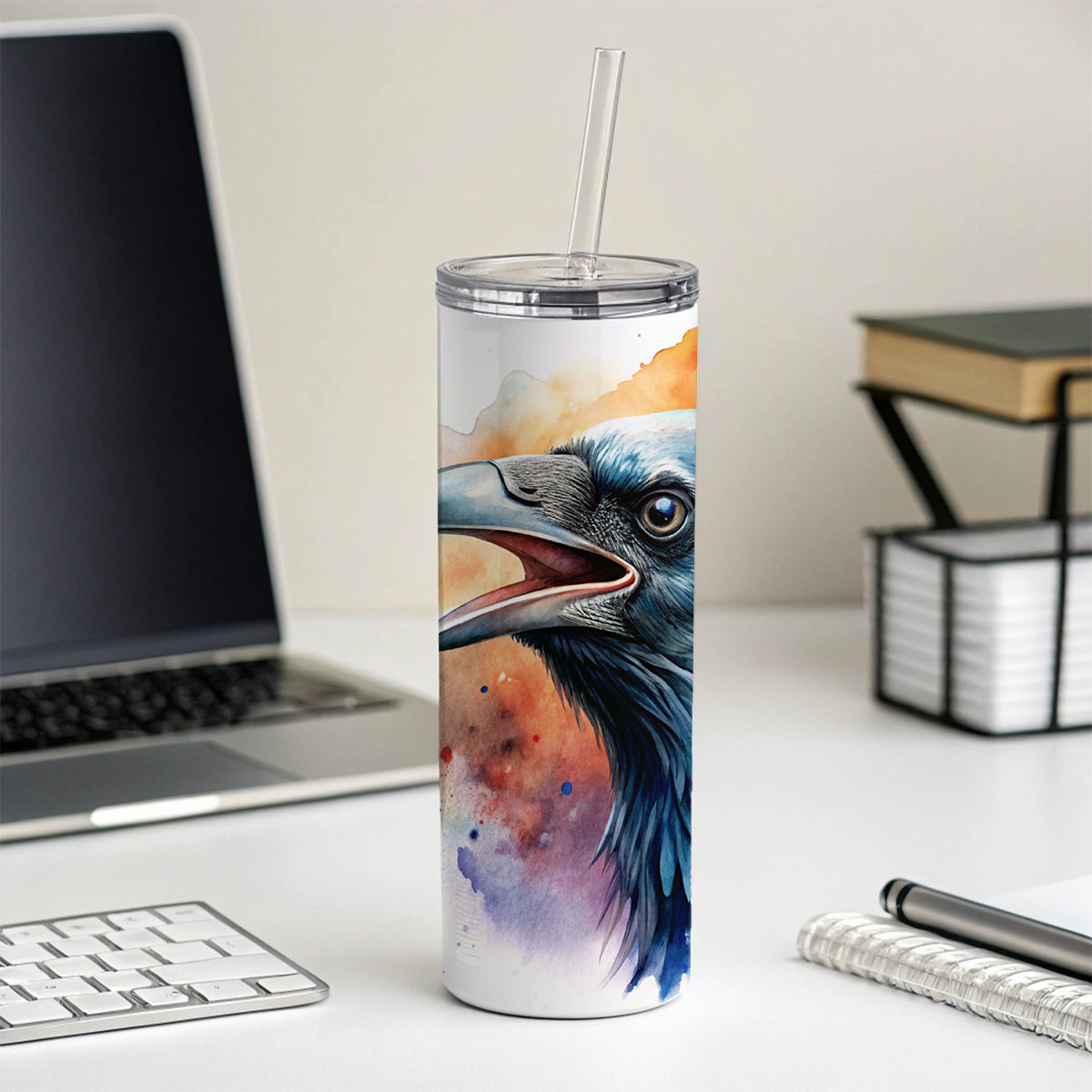 Angry Raven Watercolor Skinny Tumbler 20oz with Straw Insulated Water Bottle Gift