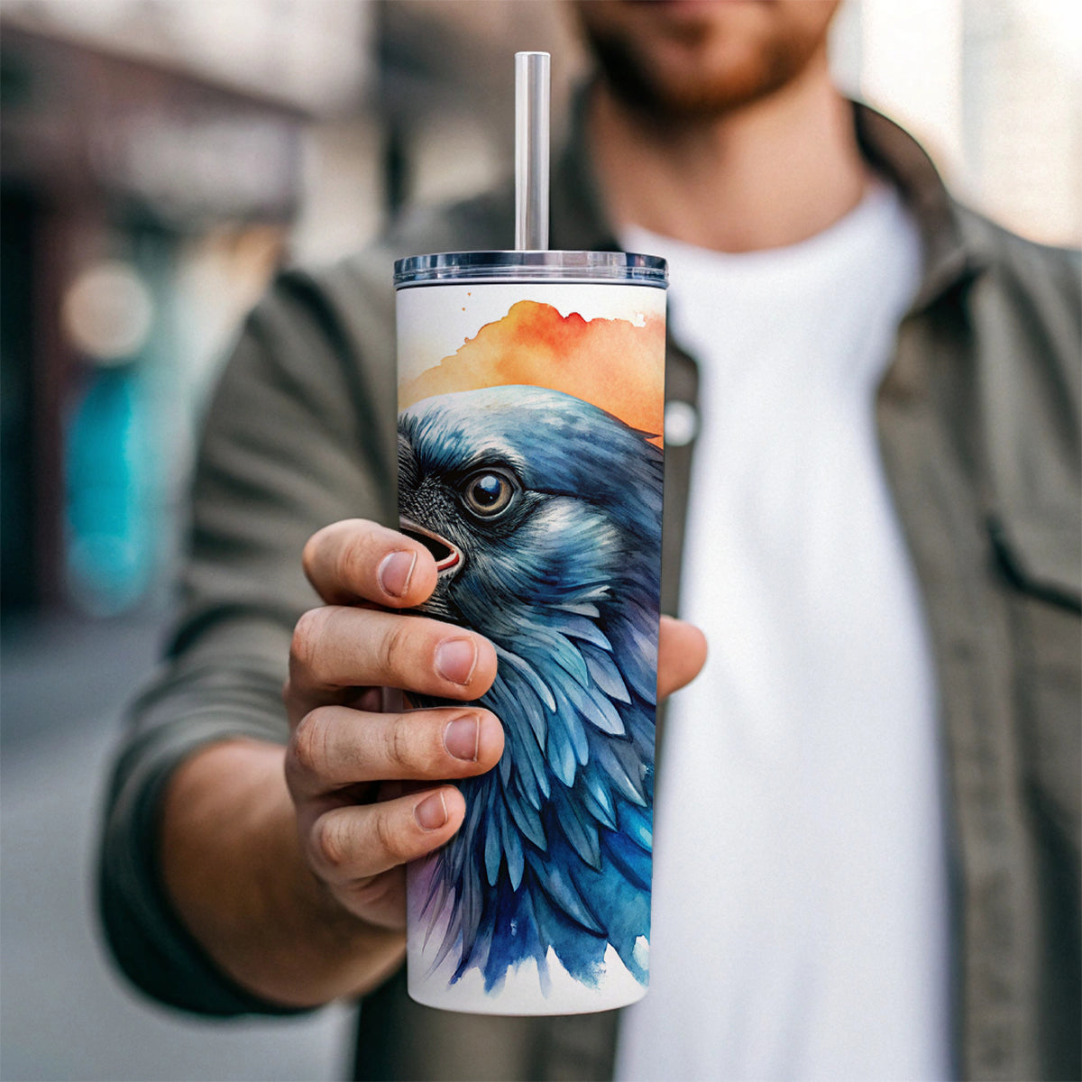 Angry Raven Watercolor Skinny Tumbler 20oz with Straw Insulated Water Bottle Gift