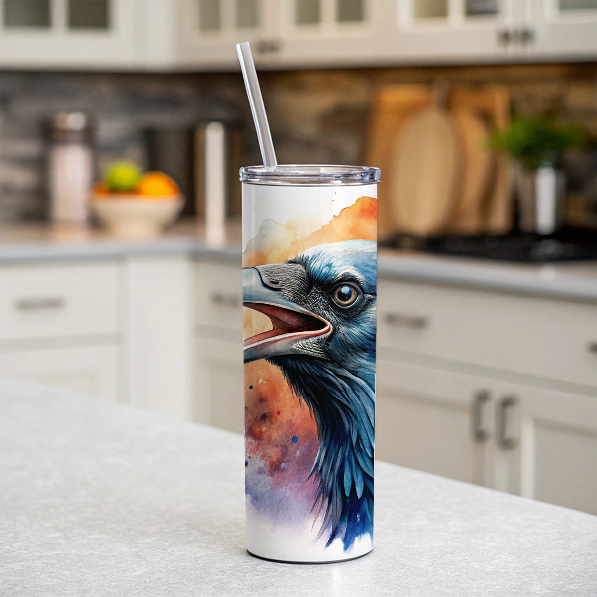 Angry Raven Watercolor Skinny Tumbler 20oz with Straw Insulated Water Bottle Gift