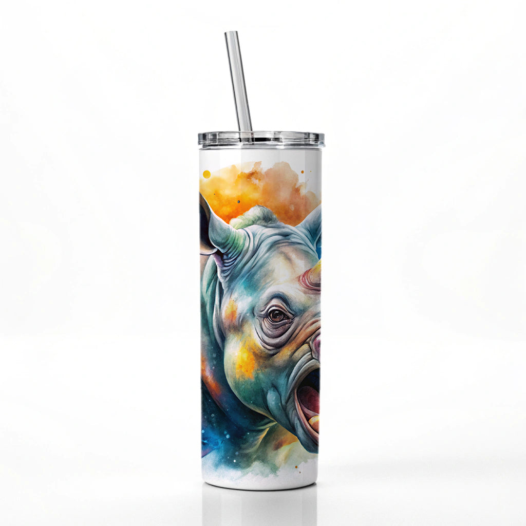 Angry Rhino Rhinoceros Watercolor Skinny Tumbler 20oz with Straw Insulated Water Bottle Gift