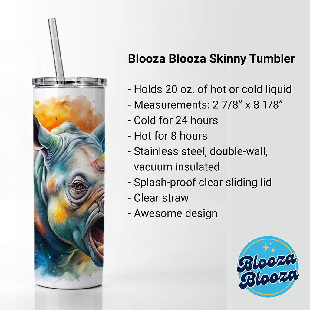 Angry Rhino Rhinoceros Watercolor Skinny Tumbler 20oz with Straw Insulated Water Bottle Gift