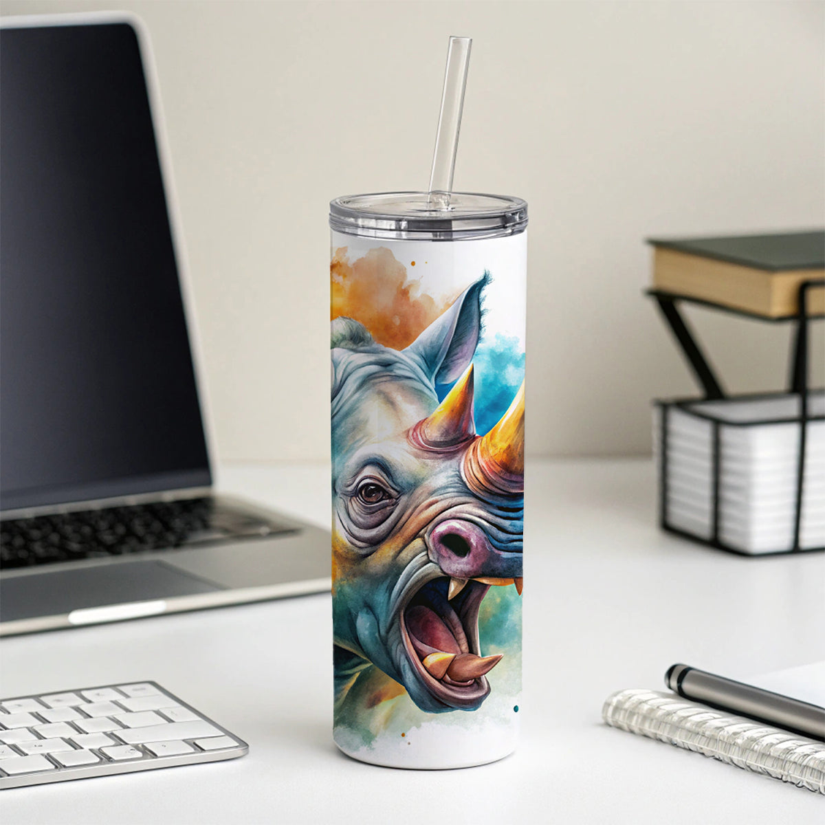 Angry Rhino Rhinoceros Watercolor Skinny Tumbler 20oz with Straw Insulated Water Bottle Gift
