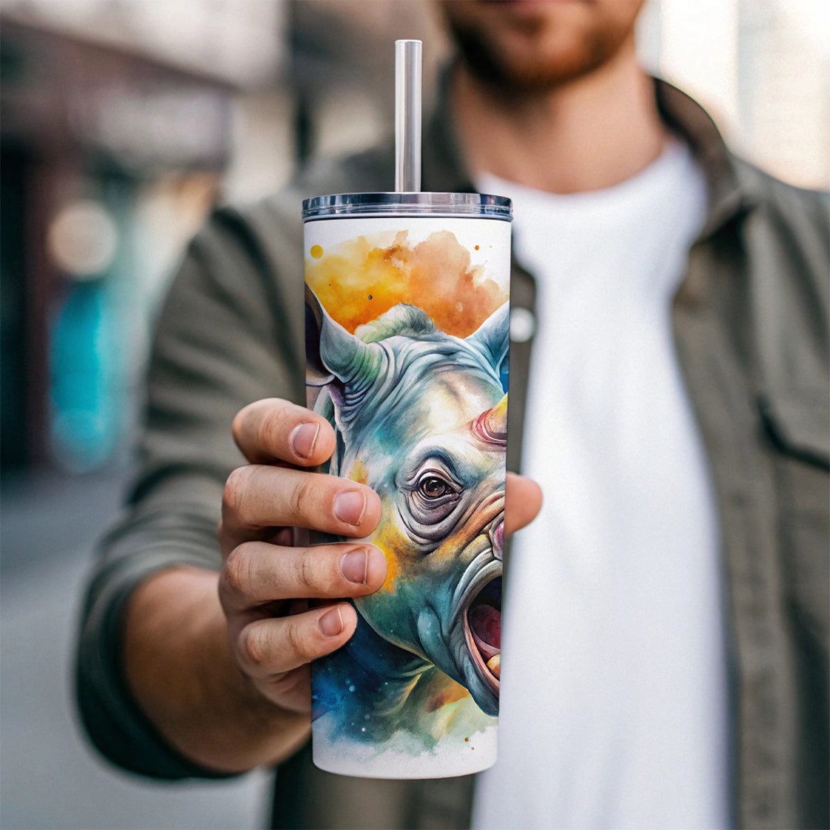 Angry Rhino Rhinoceros Watercolor Skinny Tumbler 20oz with Straw Insulated Water Bottle Gift