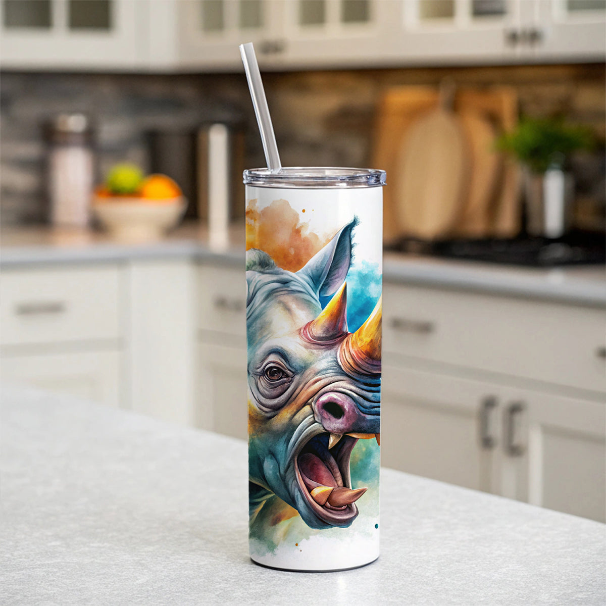 Angry Rhino Rhinoceros Watercolor Skinny Tumbler 20oz with Straw Insulated Water Bottle Gift