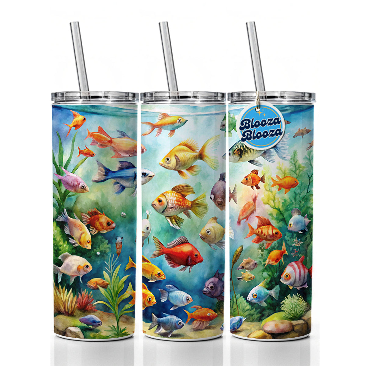 Aquarium Full Of Fish Watercolor Skinny Tumbler 20oz with Straw Insulated Water Bottle Gift