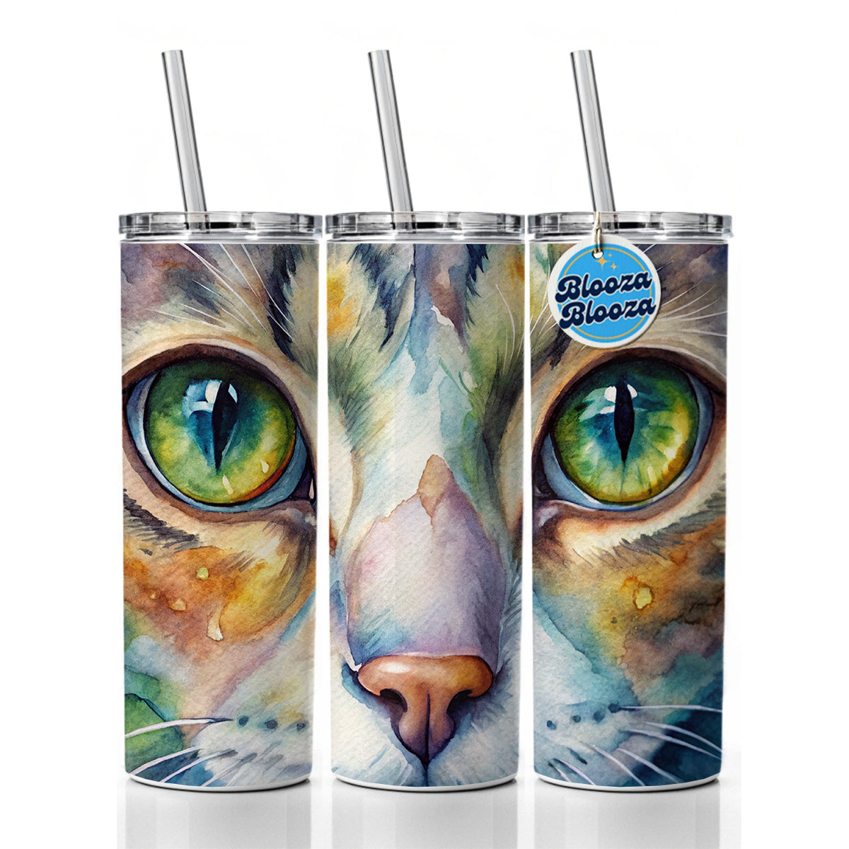 Cat Eyes Close-Up Watercolor Skinny Tumbler 20oz with Straw Insulated Water Bottle Gift
