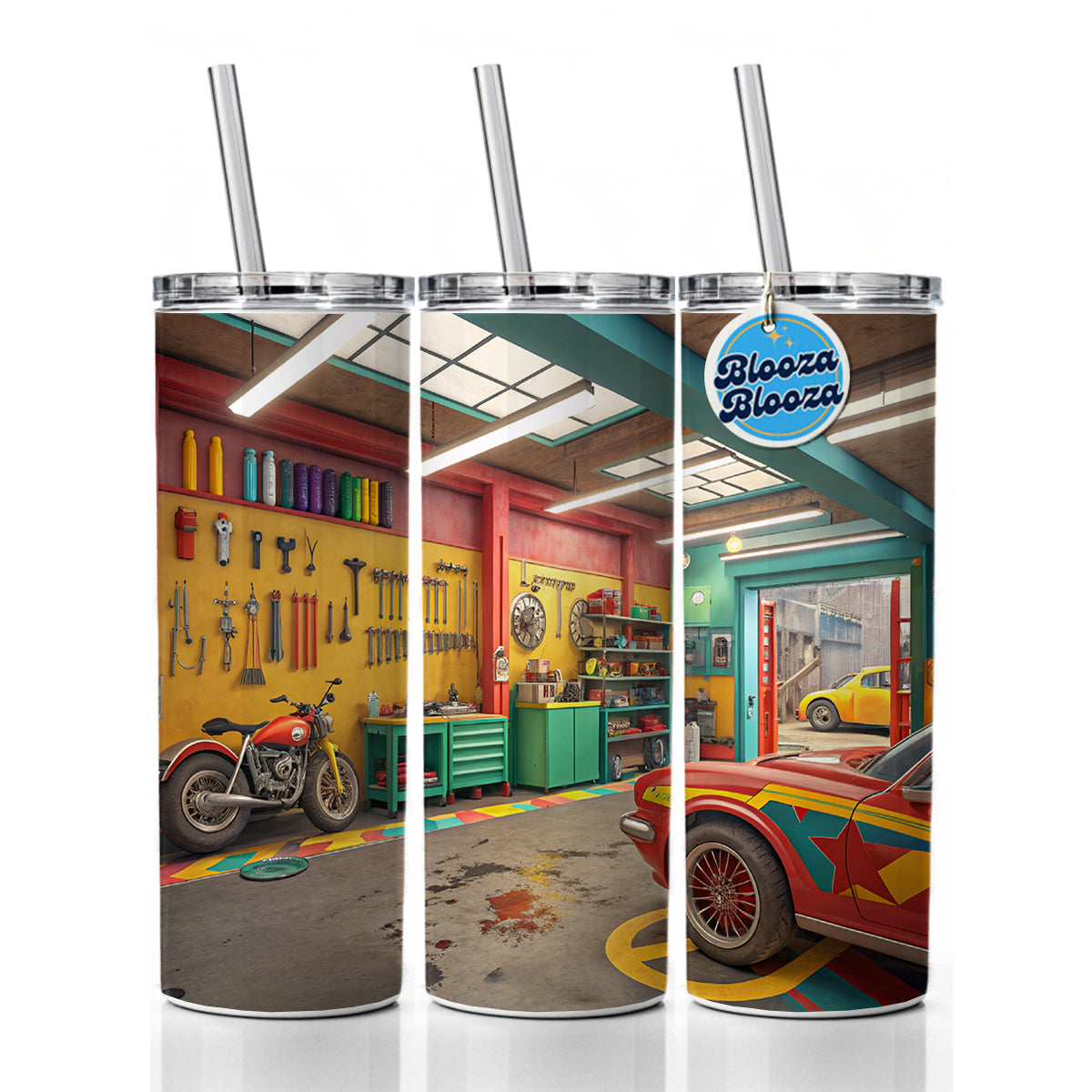 Colorful Mechanic's Garage Skinny Tumbler 20oz with Straw Insulated Water Bottle Gift