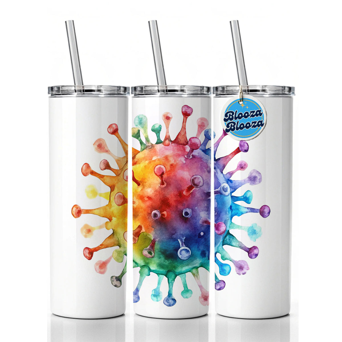 Colorful Rainbow Virus Watercolor Skinny Tumbler 20oz with Straw Insulated Water Bottle Gift