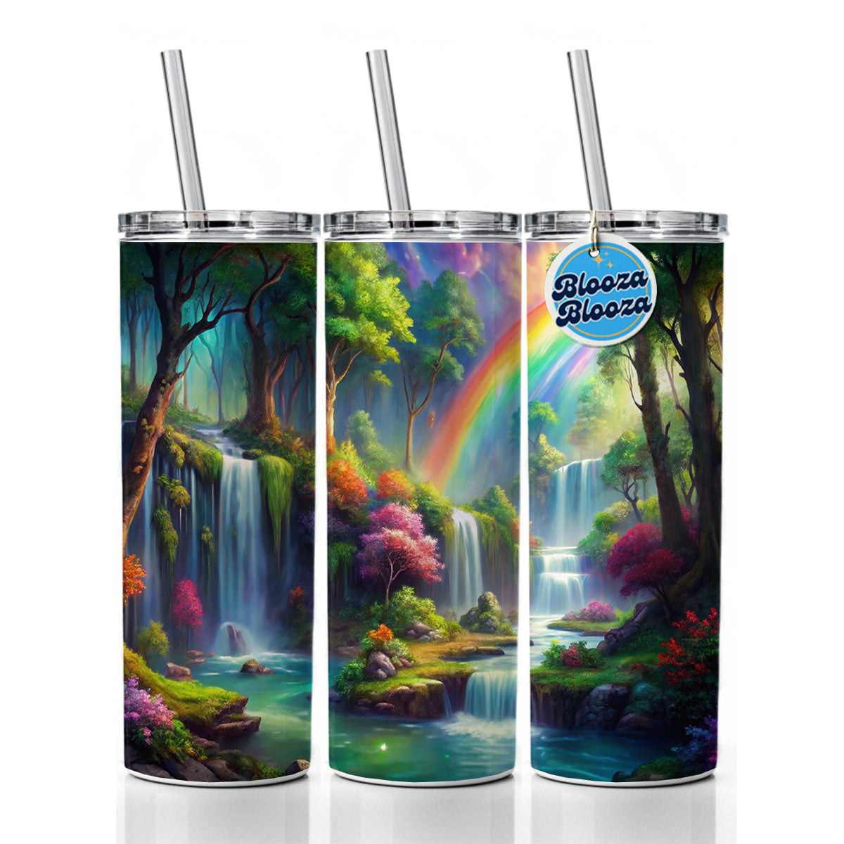 Fantasy Forest Rainbow Waterfalls Watercolor Skinny Tumbler 20oz with Straw Insulated Water Bottle Gift