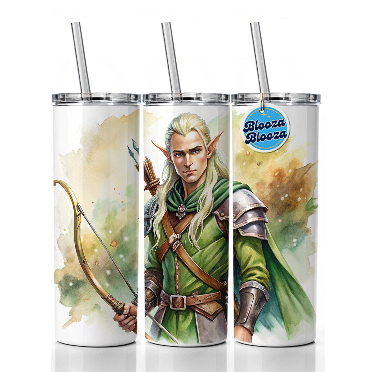 Fantasy Male Elven Ranger Archer Warrior Watercolor Skinny Tumbler 20oz with Straw Insulated Water Bottle Gift