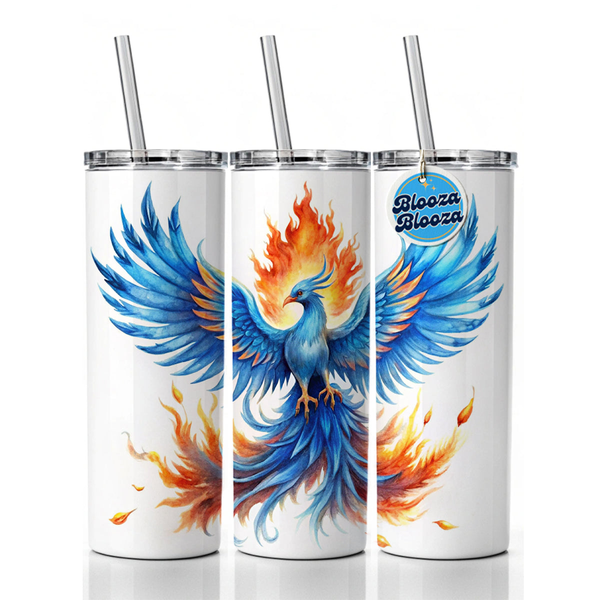 Flaming Blue Phoenix Rising Fantasy Watercolor Skinny Tumbler 20oz with Straw Insulated Water Bottle Gift