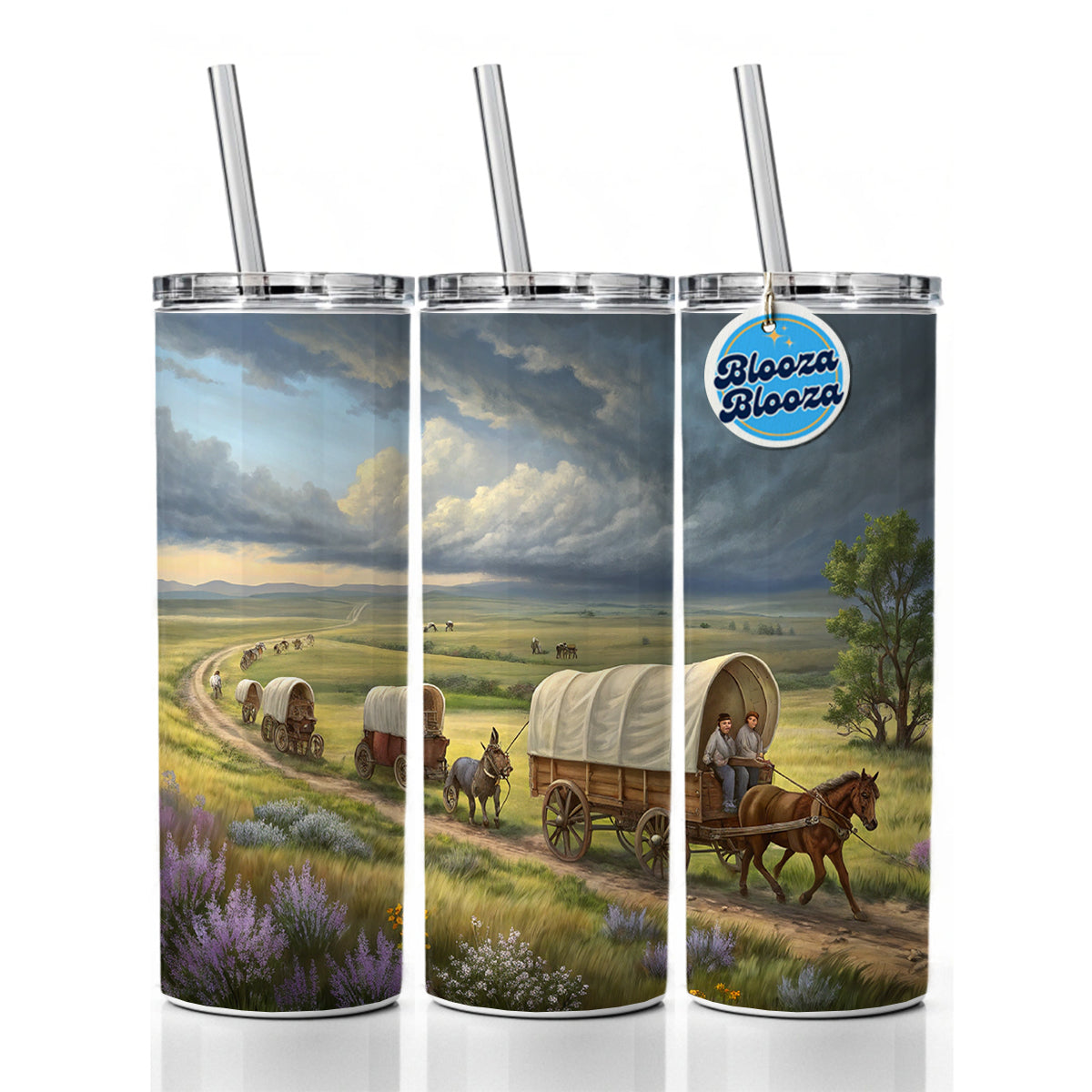 Old West Covered Wagons Crossing The Prairie Western Skinny Tumbler 20oz with Straw Insulated Water Bottle Gift