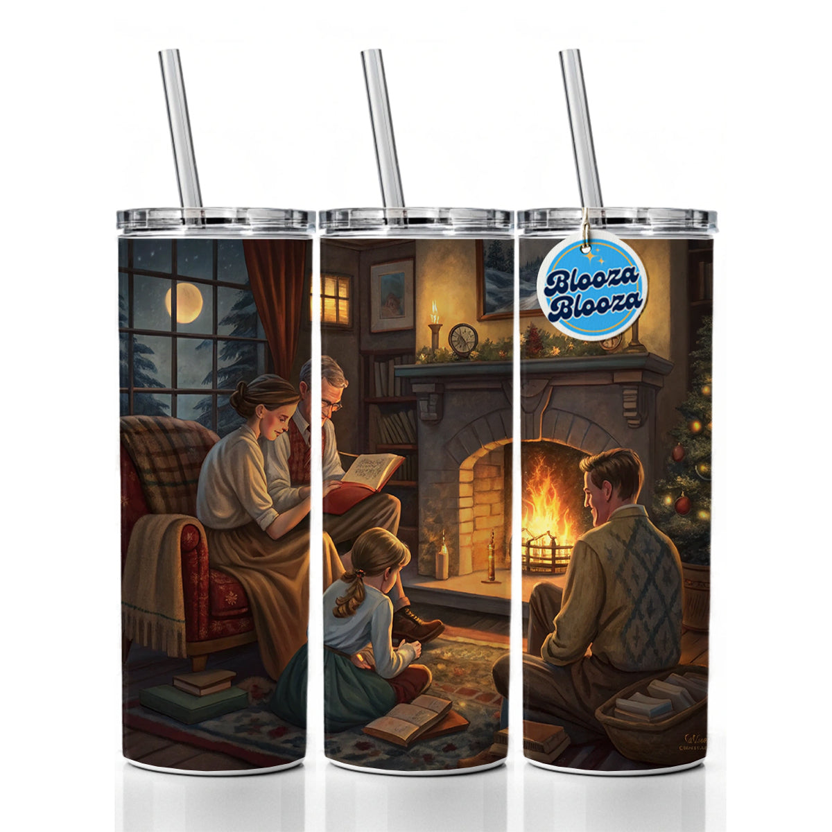 Reading by the Fireplace Americana Skinny Tumbler 20oz with Straw Insulated Water Bottle Gift