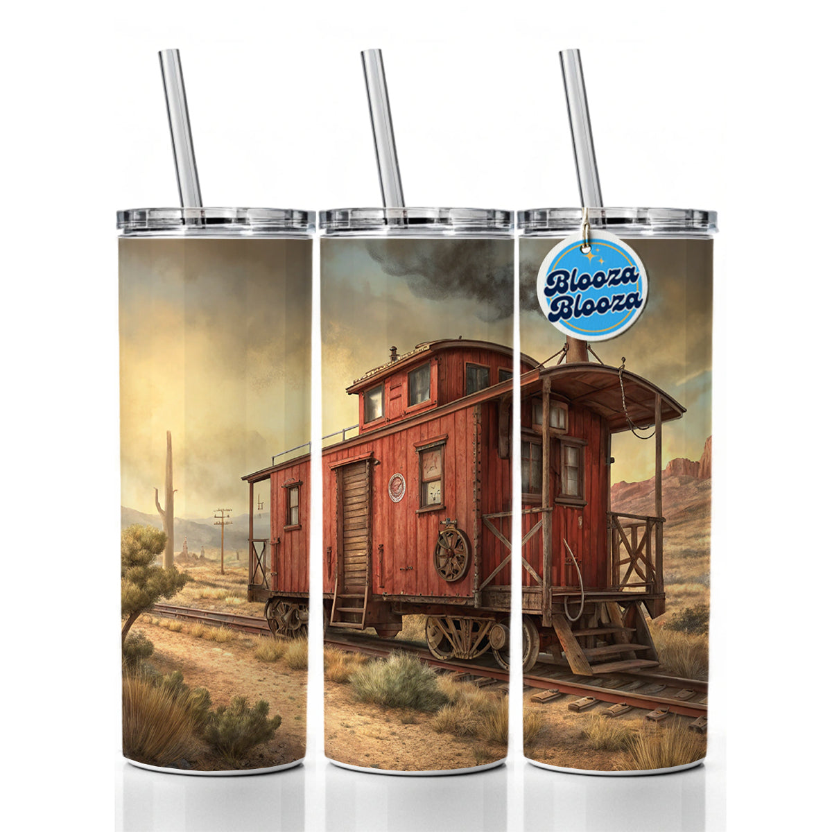 Red Train Caboose Old West Western Skinny Tumbler 20oz with Straw Insulated Water Bottle Gift