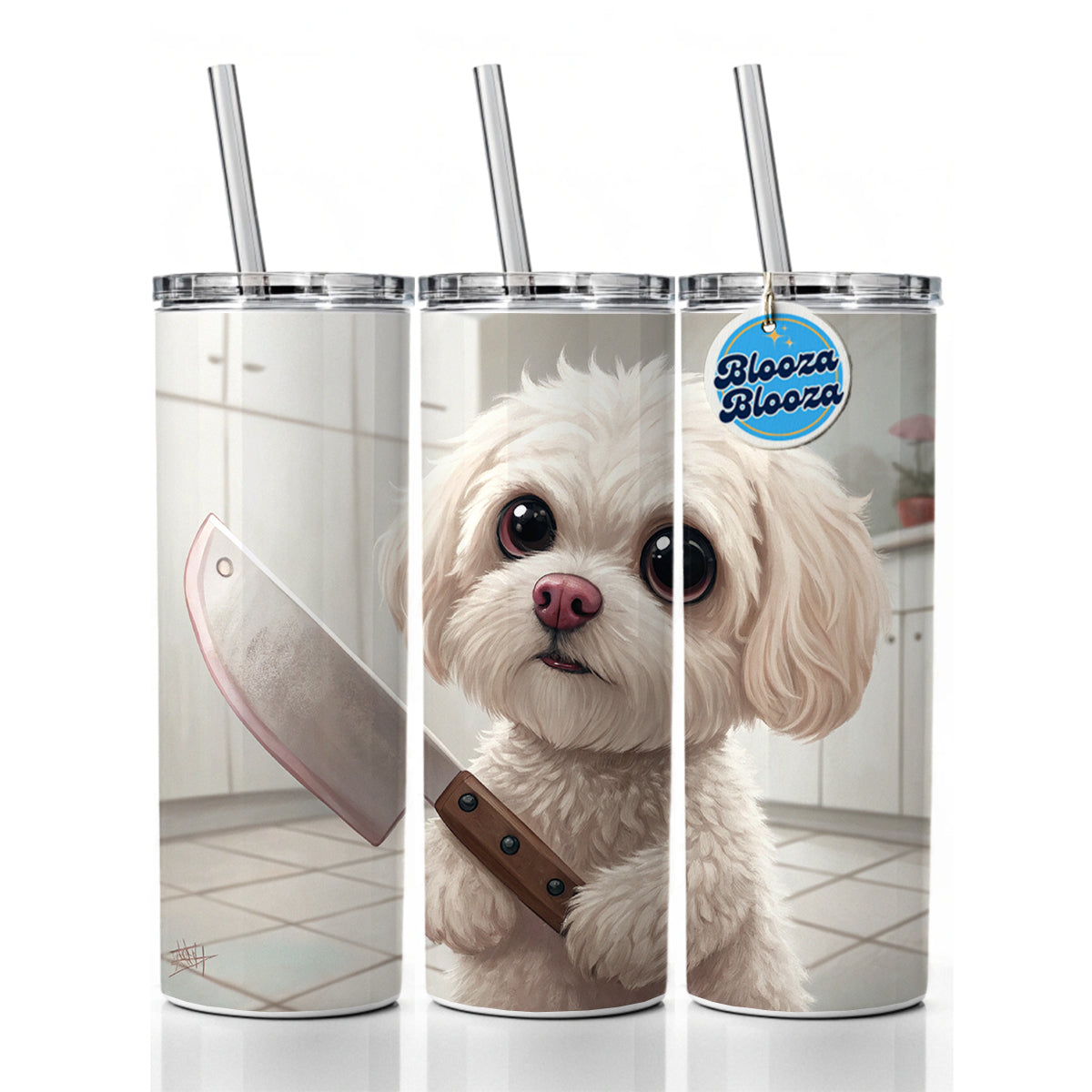 Small Fluffy Dog with a Butcher Knife Funny Scary Halloween Skinny Tumbler 20oz with Straw Insulated Water Bottle Gift