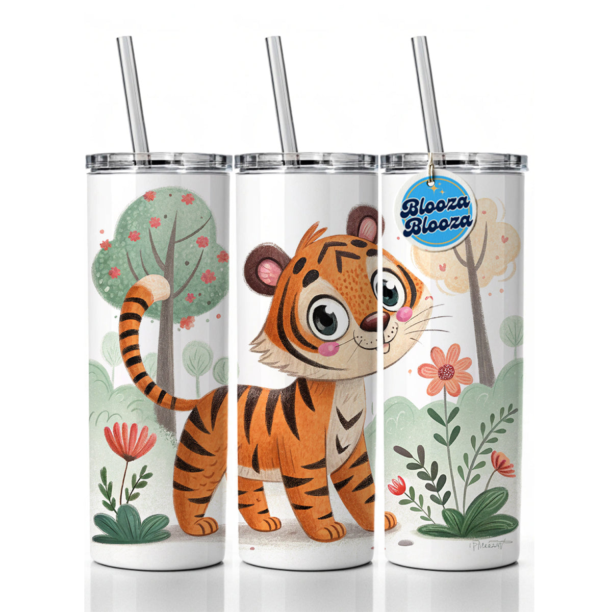 Tiger Children's Illustration Style Skinny Tumbler 20oz with Straw Insulated Water Bottle Gift