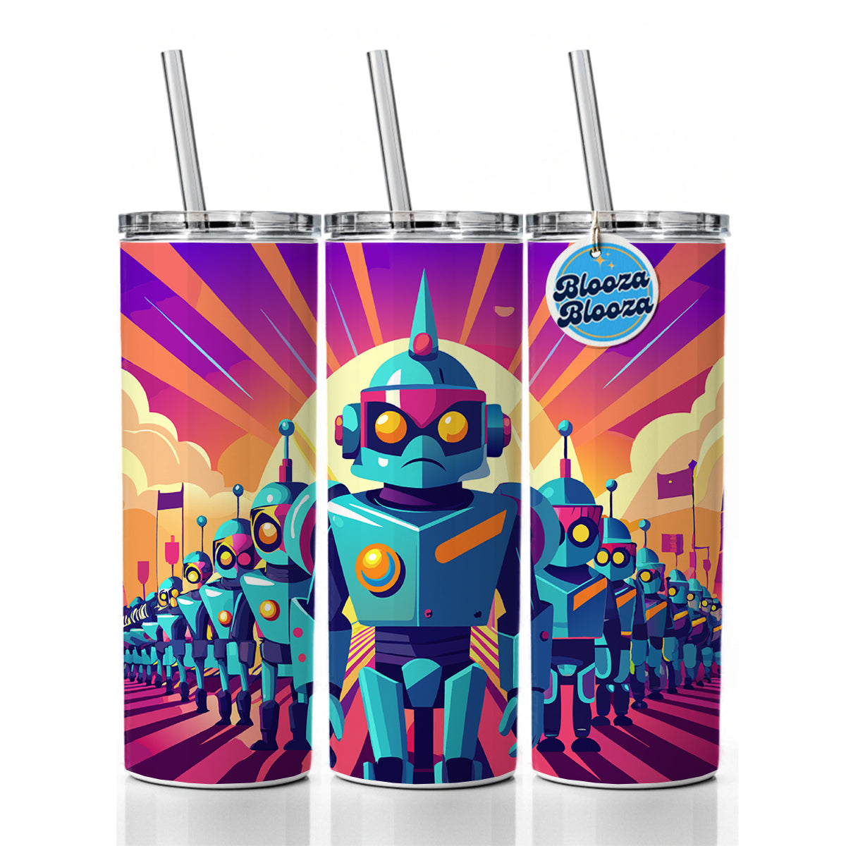 Vibrant Colored Sci-fi Robot Army Marching Skinny Tumbler 20oz with Straw Insulated Water Bottle Gift