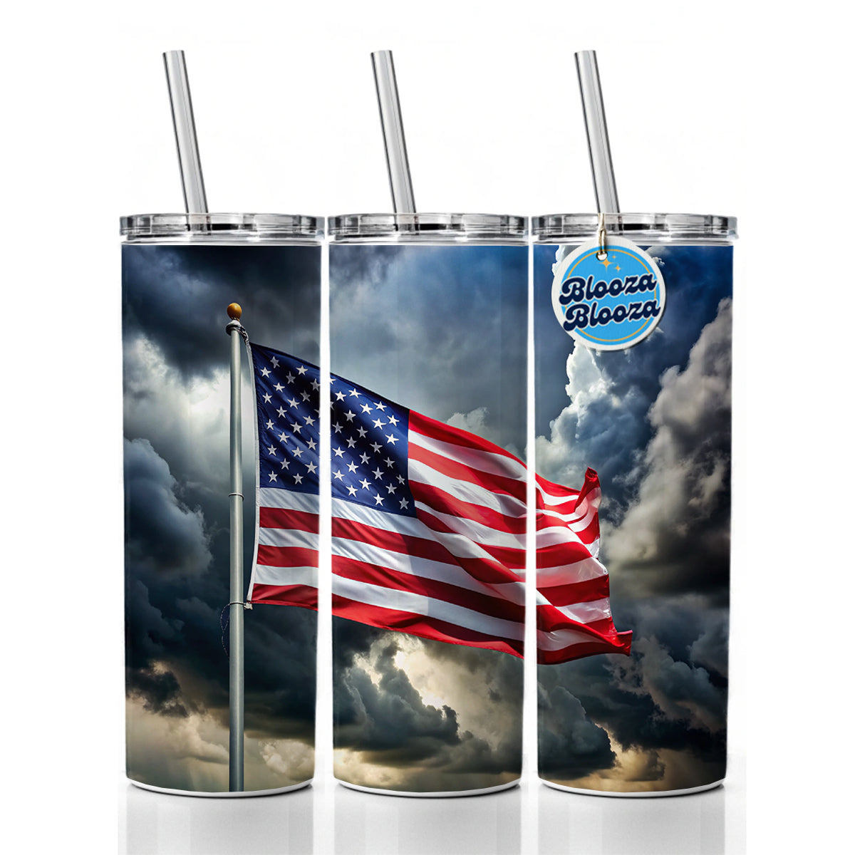 Waving American Flag After Storm Patriotic United States Skinny Tumbler 20oz with Straw Insulated Water Bottle Gift