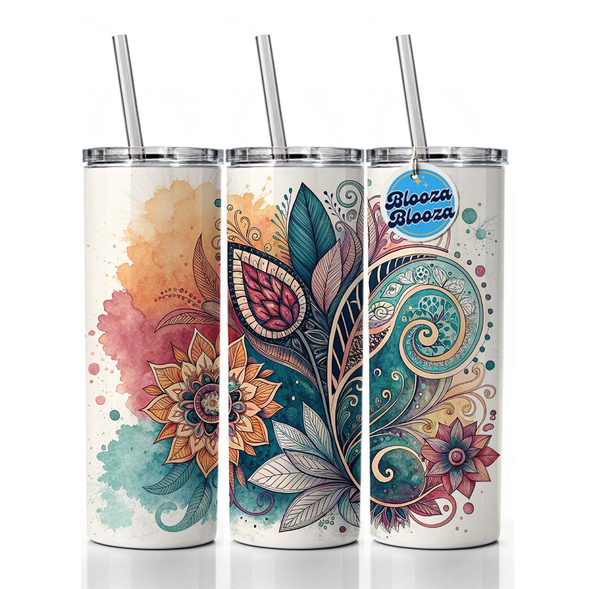 Abstract Deco Floral Leaves Swirl Design Skinny Tumbler 20oz with Straw Insulated Water Bottle Gift