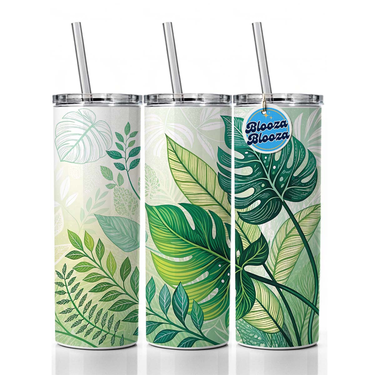 Abstract Green Leaves Design Skinny Tumbler 20oz with Straw Insulated Water Bottle Gift