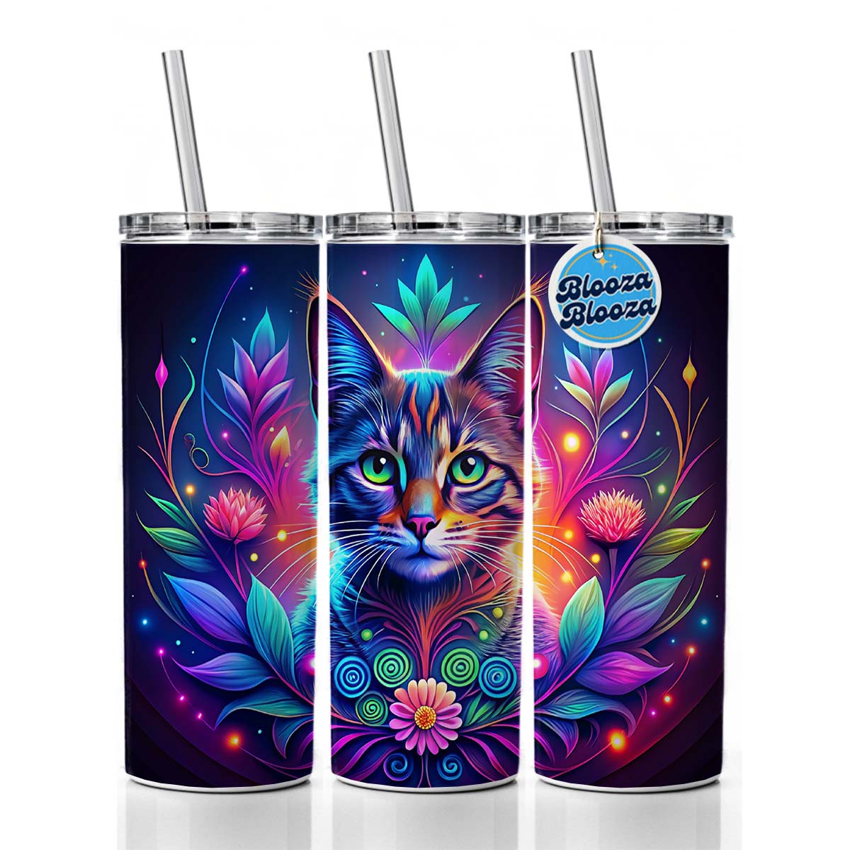 Abstract Neon Cat And Floral Design Skinny Tumbler 20oz with Straw Insulated Water Bottle Gift