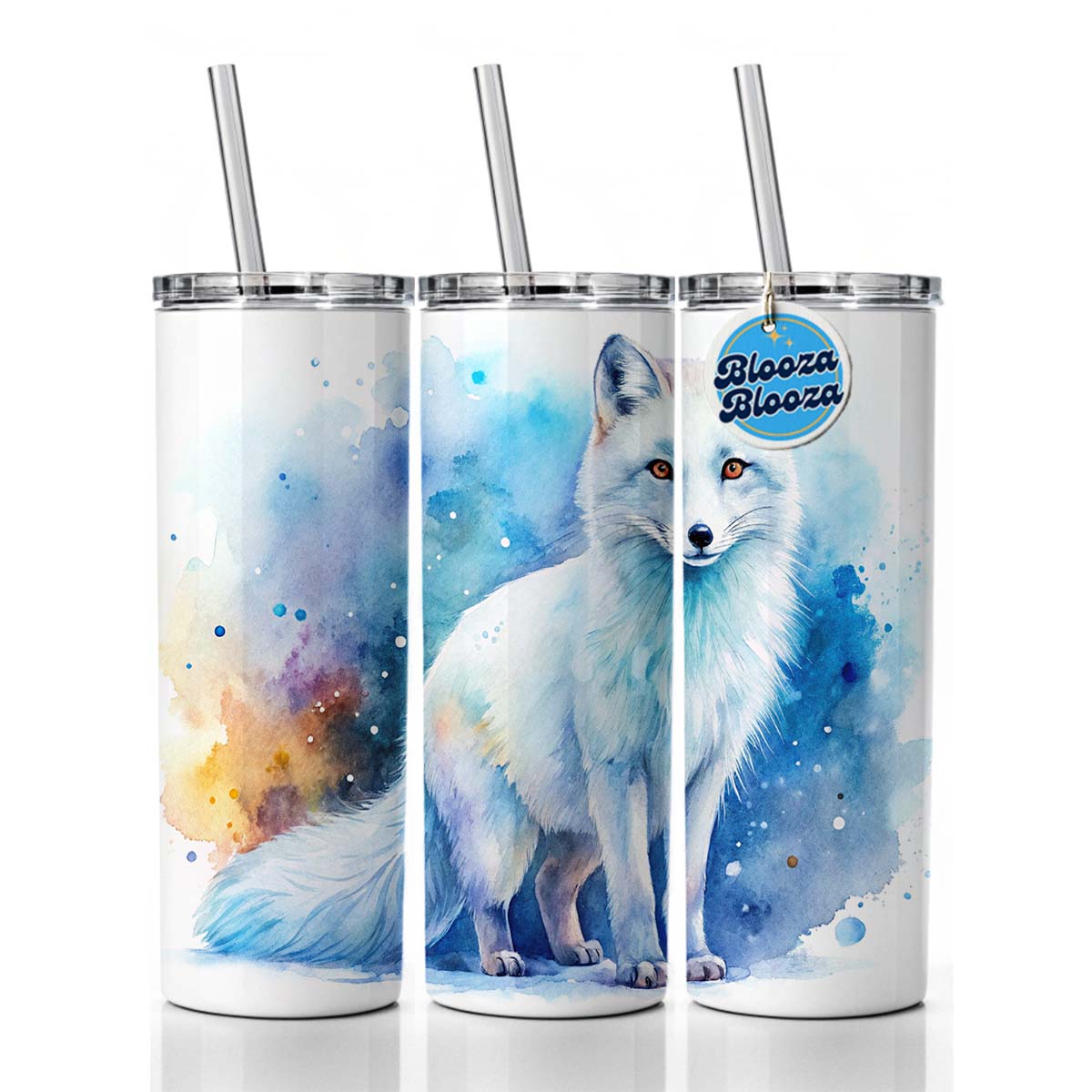Arctic Fox Watercolor Skinny Tumbler 20oz with Straw Insulated Water Bottle Gift