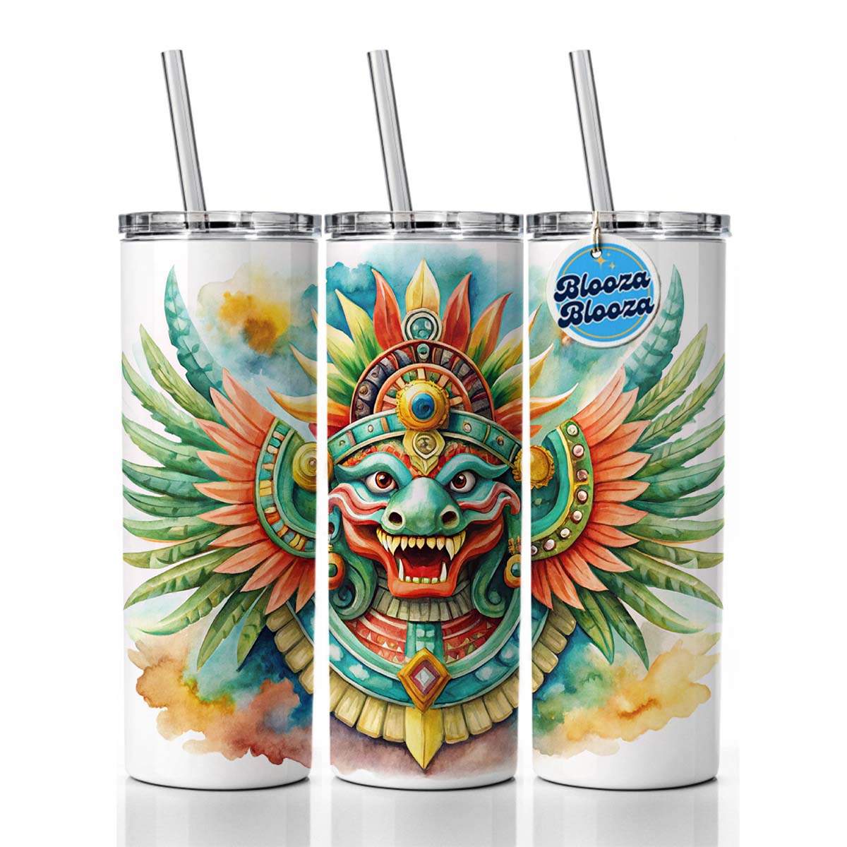 Aztec God Quetzalcoatl Watercolor Skinny Tumbler 20oz with Straw Insulated Water Bottle Gift