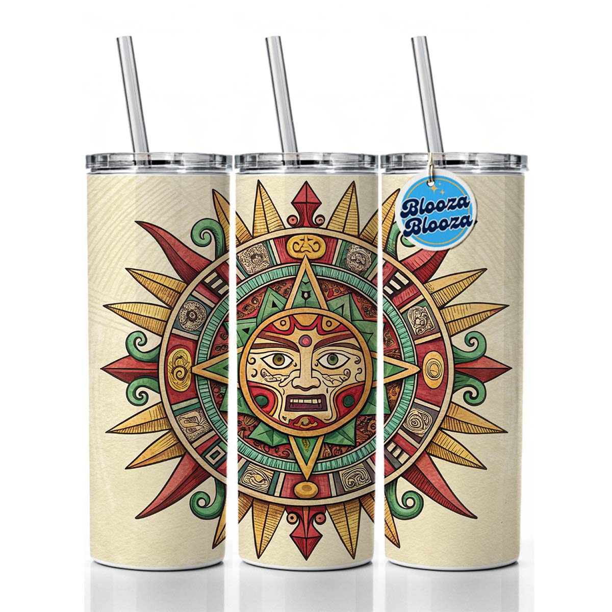 Aztec Sun God Symbol Skinny Tumbler 20oz with Straw Insulated Water Bottle Gift