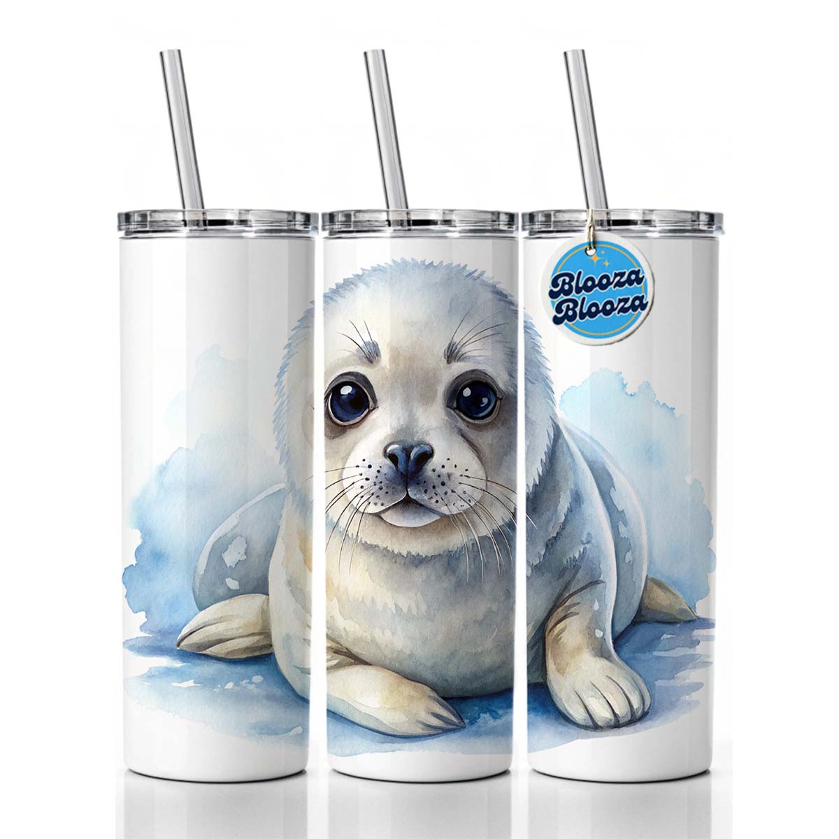 Baby Harp Seal Watercolor Skinny Tumbler 20oz with Straw Insulated Water Bottle Gift