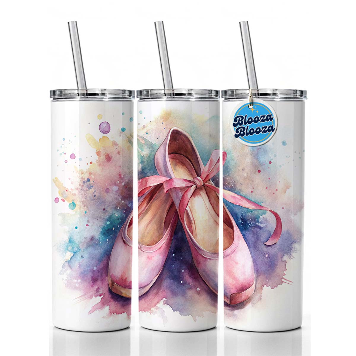 Ballet Slippers Watercolor Skinny Tumbler 20oz with Straw Insulated Water Bottle Gift