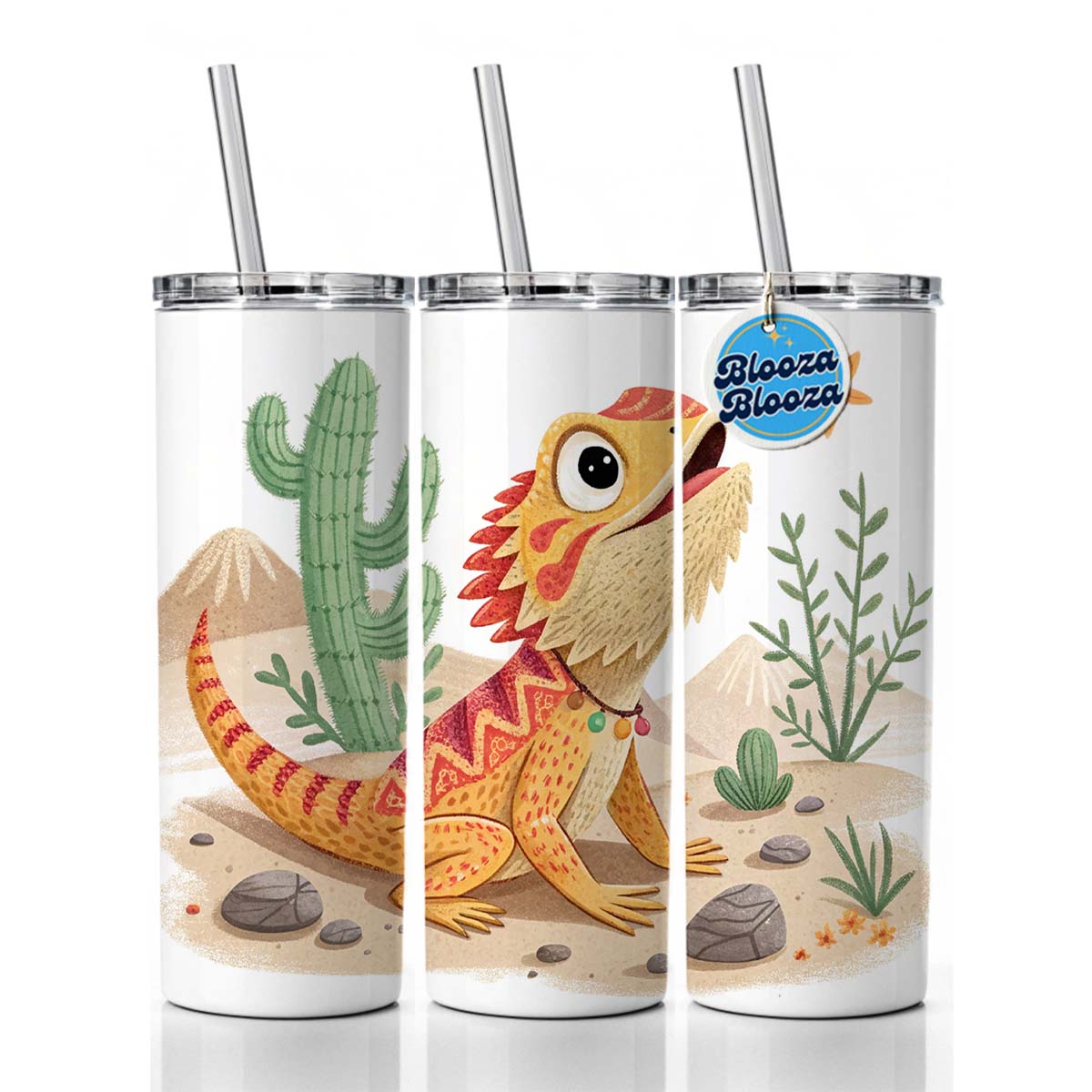 Bearded Dragon Children's Illustration Style Skinny Tumbler 20oz with Straw Insulated Water Bottle Gift