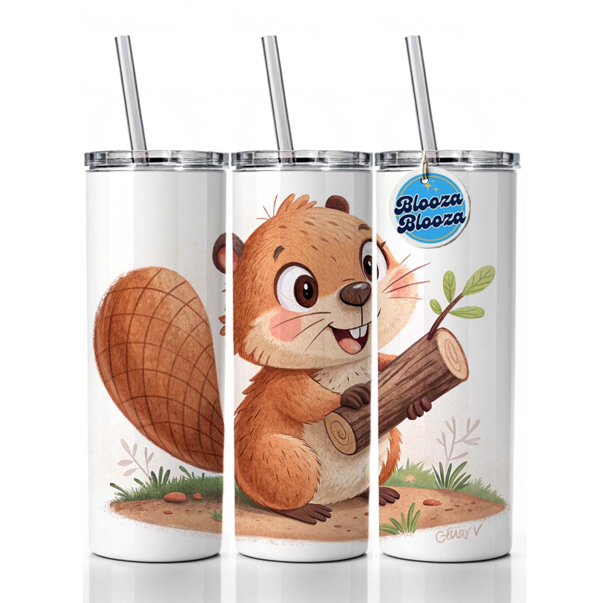 Beaver Children's Illustration Style Skinny Tumbler 20oz with Straw Insulated Water Bottle Gift