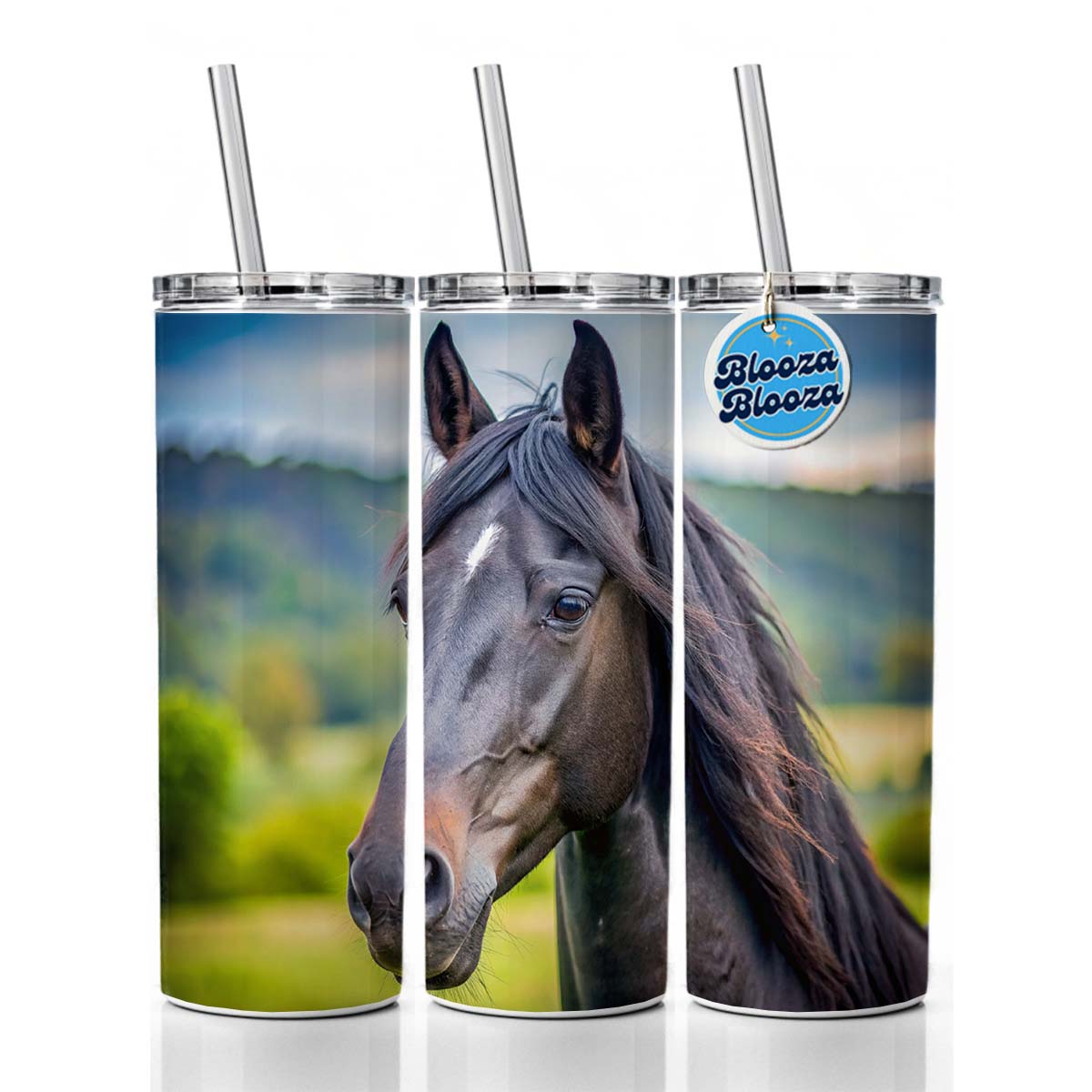 Black Horse Face Skinny Tumbler 20oz with Straw Insulated Water Bottle Gift