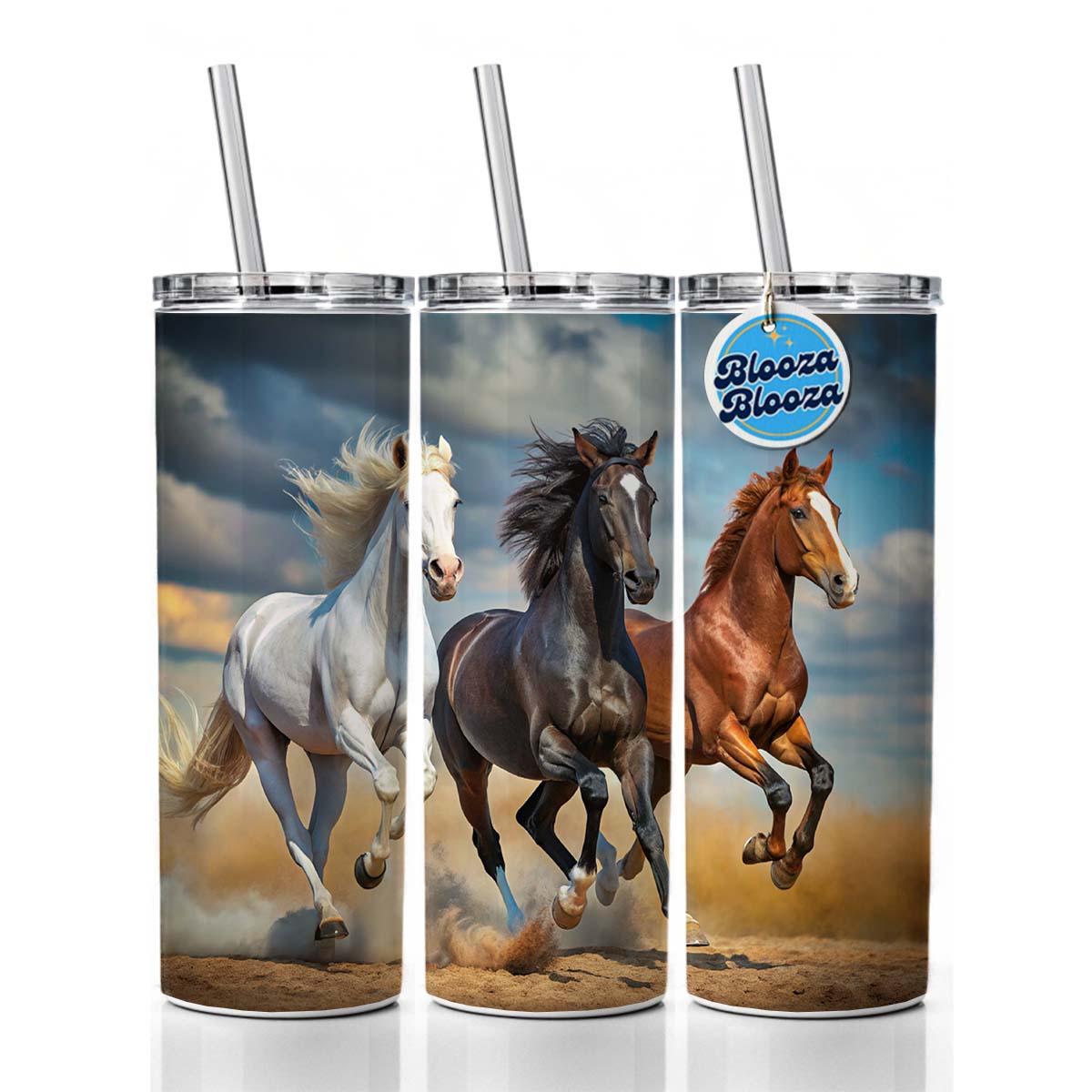 Black White and Brown Horses Galloping Skinny Tumbler 20oz with Straw Insulated Water Bottle Gift