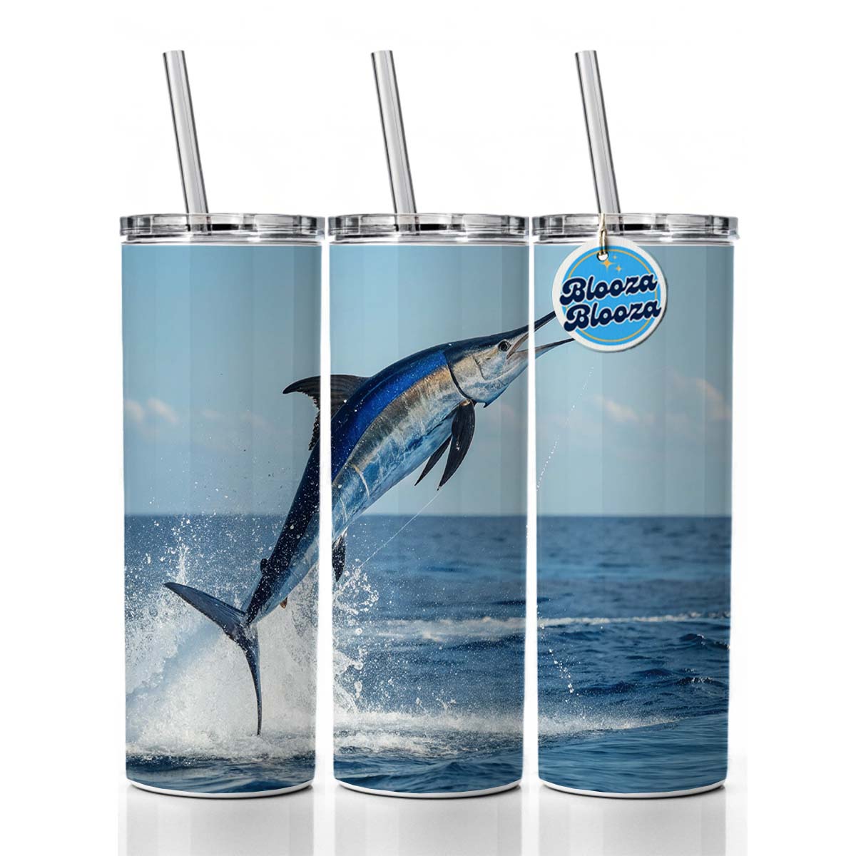 Blue Marlin Fish Leaping Out Of Water Skinny Tumbler 20oz with Straw Insulated Water Bottle Gift