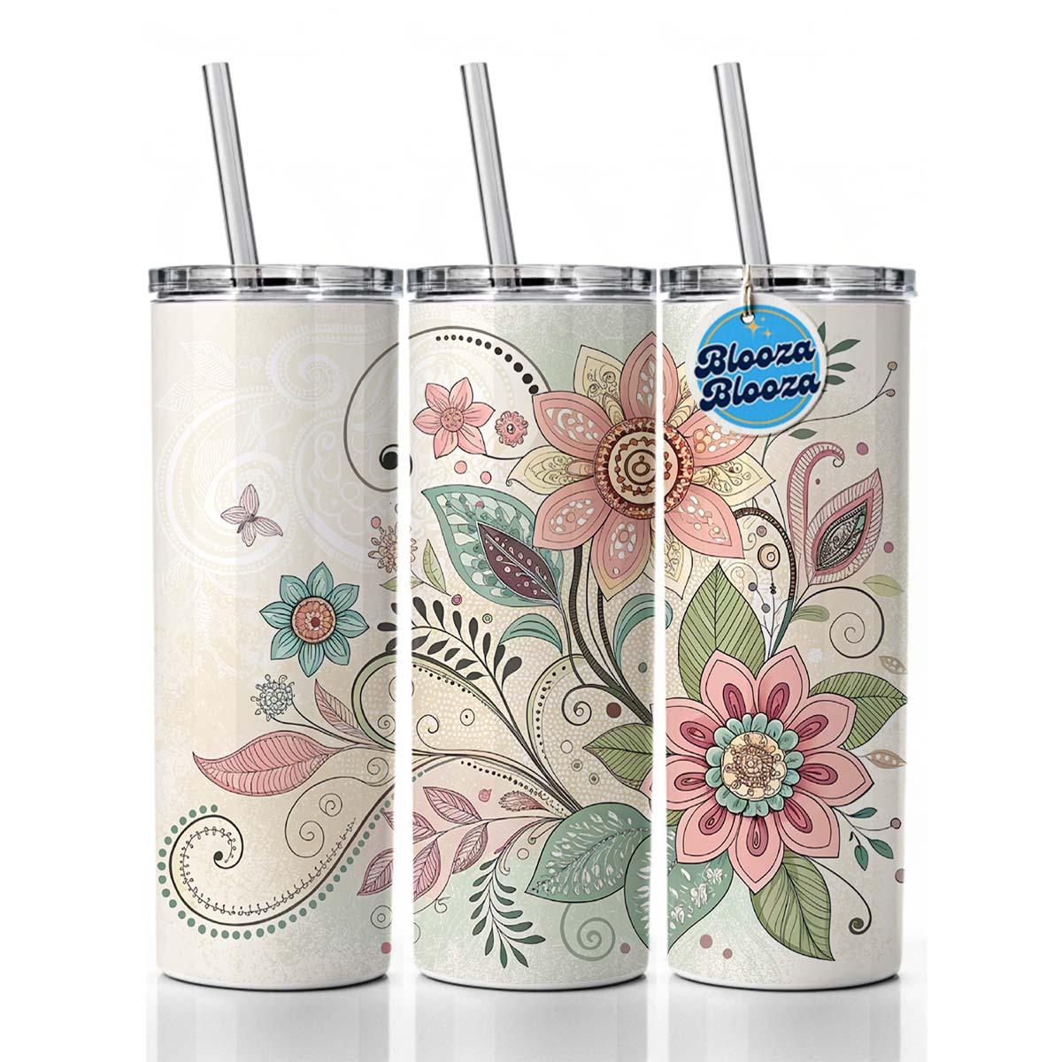 Boho Floral Flowers Leaves Skinny Tumbler 20oz with Straw Insulated Water Bottle Gift