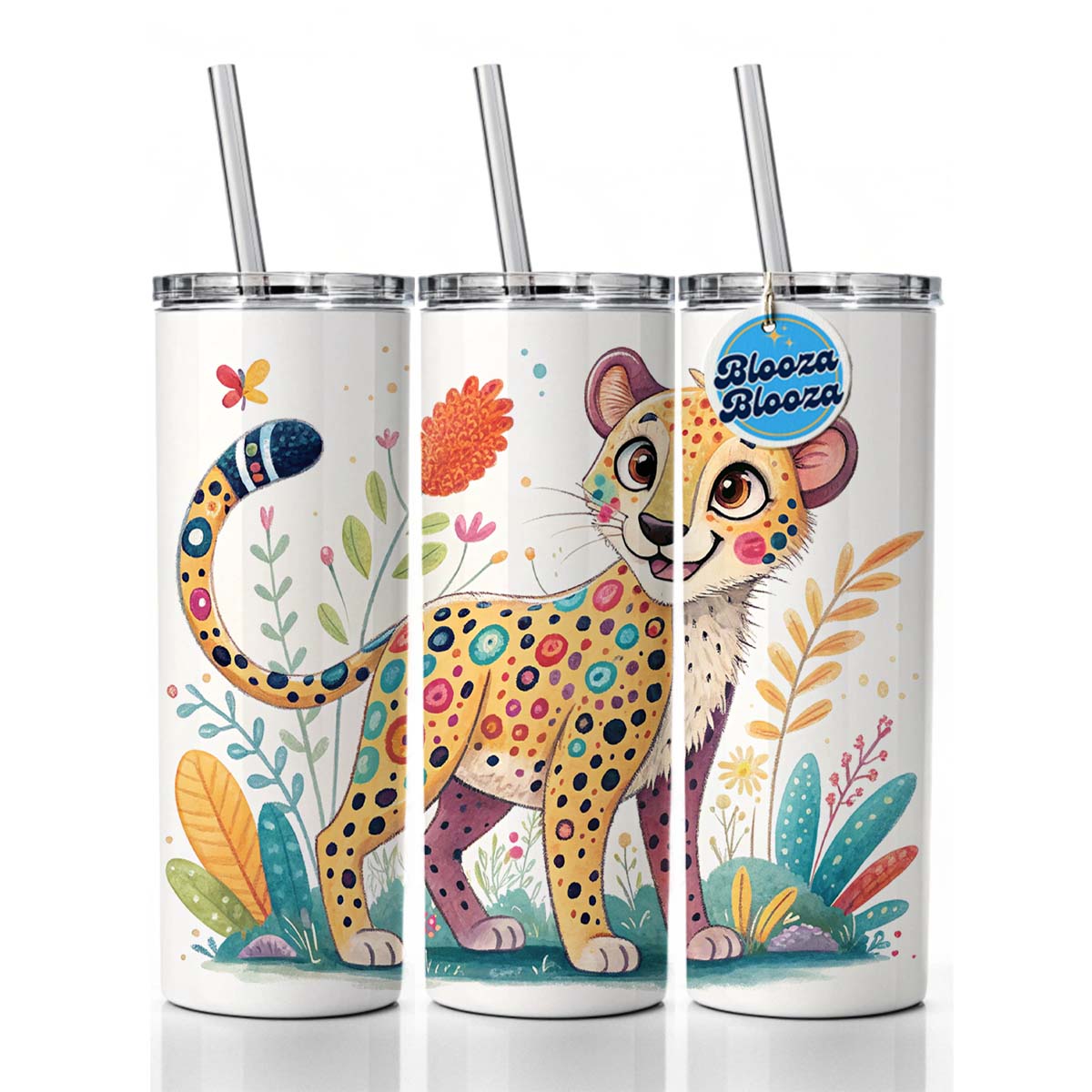 Cheetah Children's Illustration Style Skinny Tumbler 20oz with Straw Insulated Water Bottle Gift
